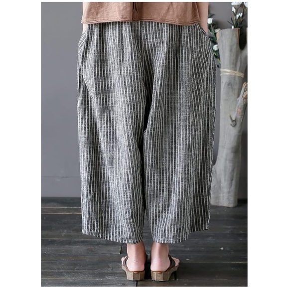 New With Tags - Wide Leg Cropped Cotton Linen Striped Harem / Palazzo Pants - Picture 2 of 6